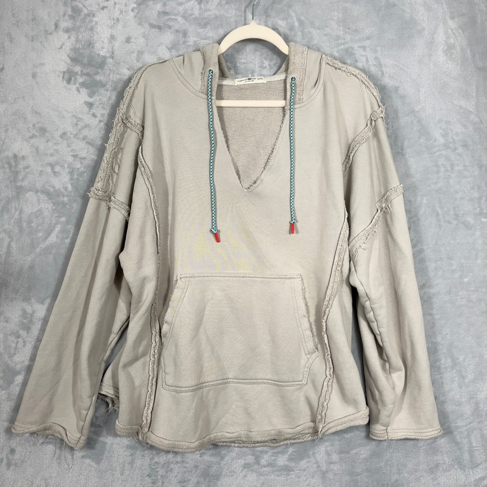 Natural Life Womens Hoodie L/XL Beige Raw Edge V-Neck Oversized Boho Pullover